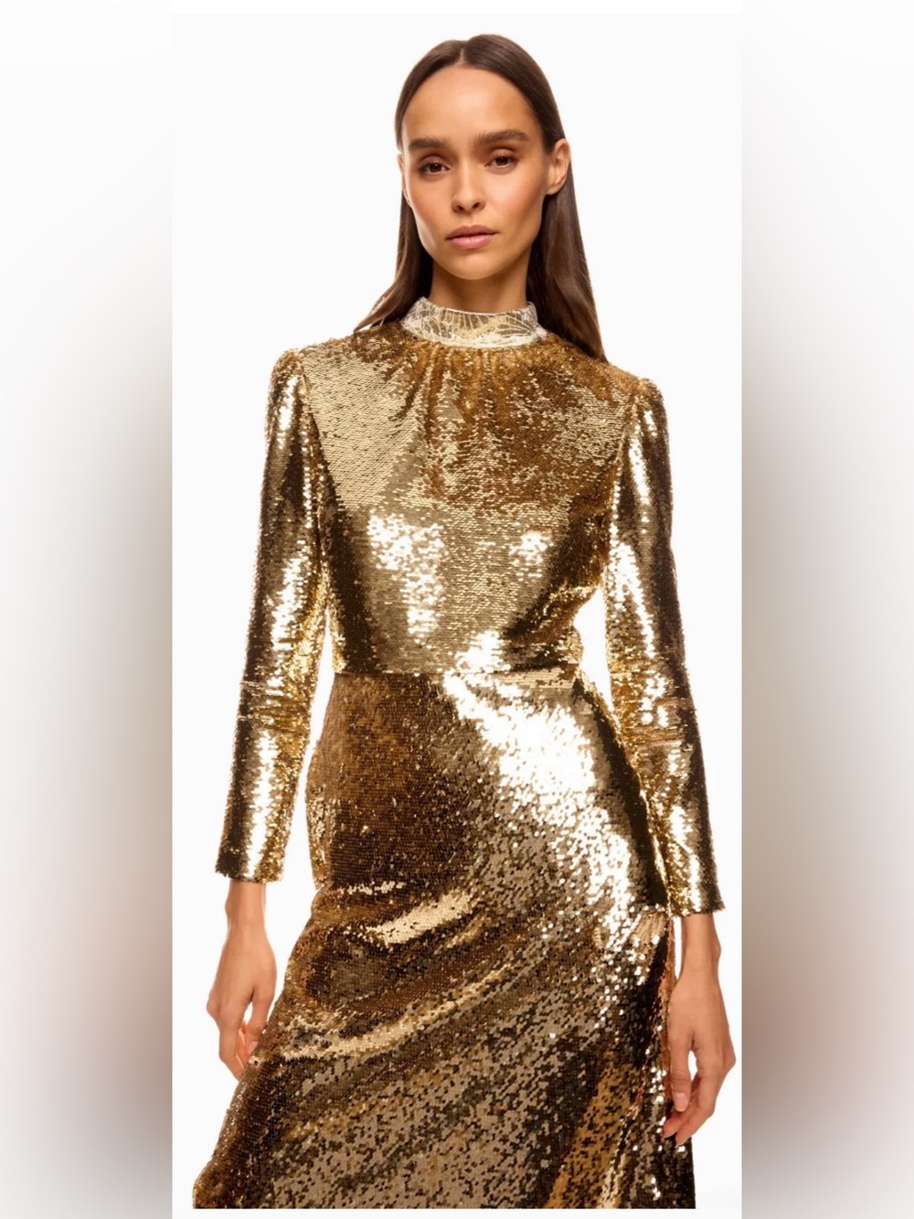 SALONI Gold Sequin Long Sleeve Gown